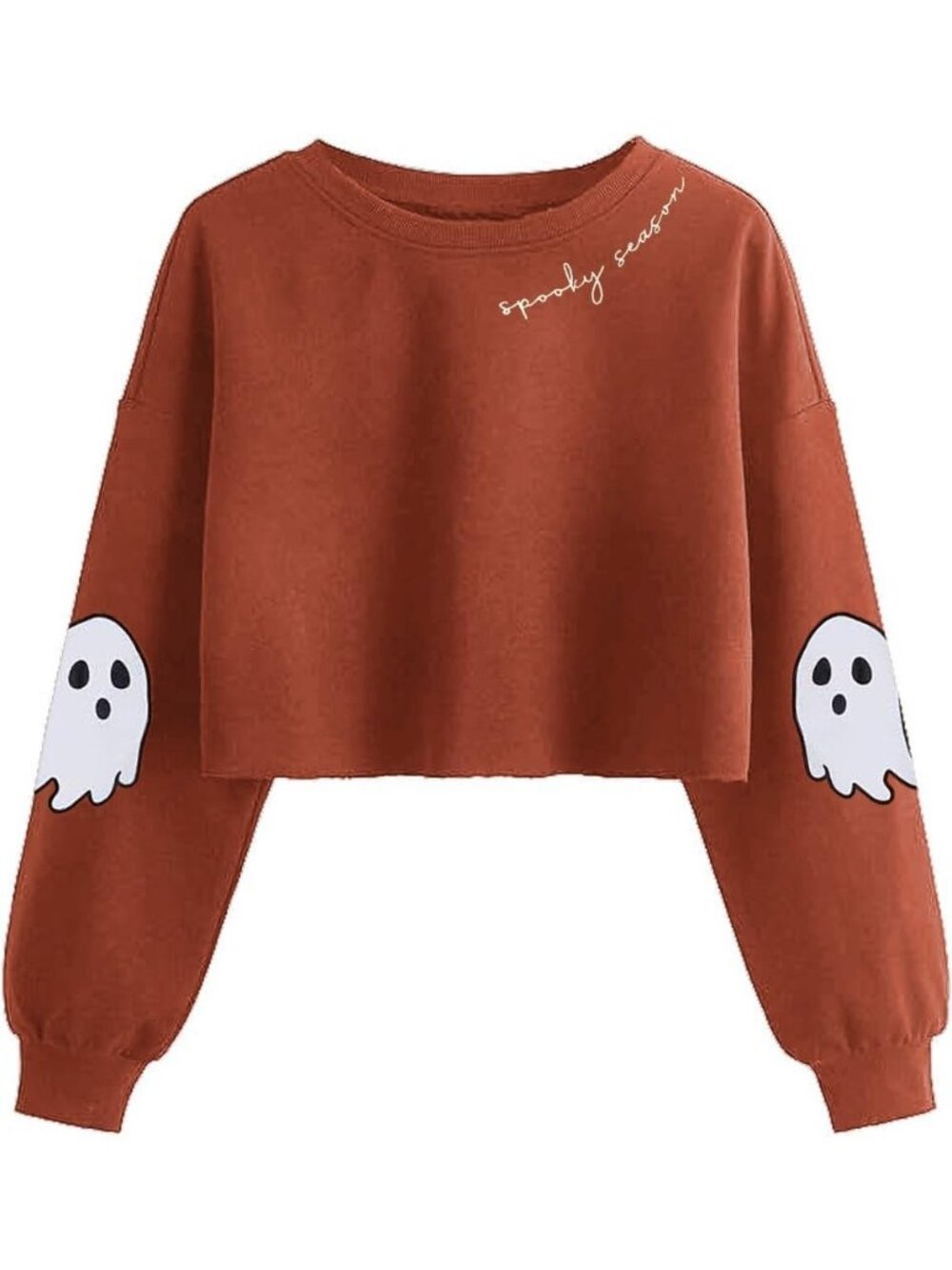 🆕 Women's Brown White Halloween Crop Lantern Sleeve Fall Pullover Sweatshirt
